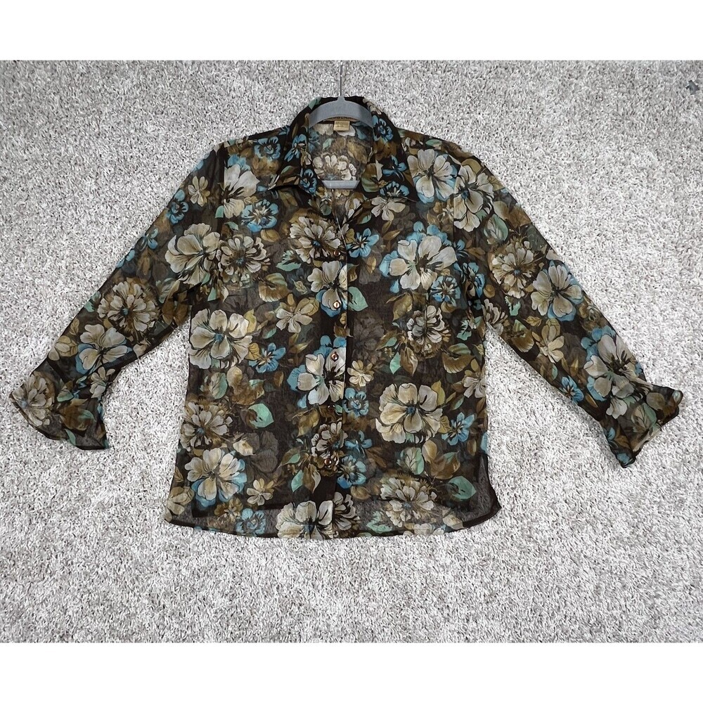 Notations Women Floral Blouse Size M Sheer Brown Blue Button Front 3/4 Sleeve To